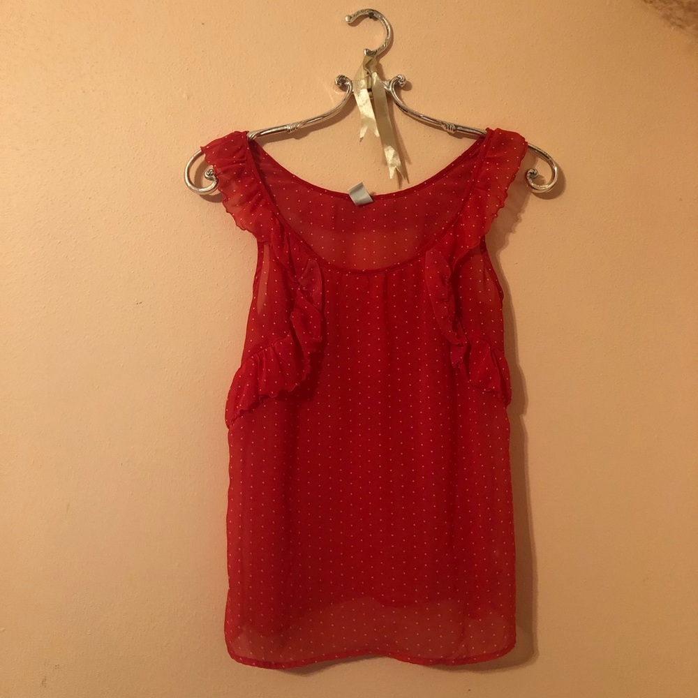 Sheer Holiday Blouse with Polka Dots & Ruffles